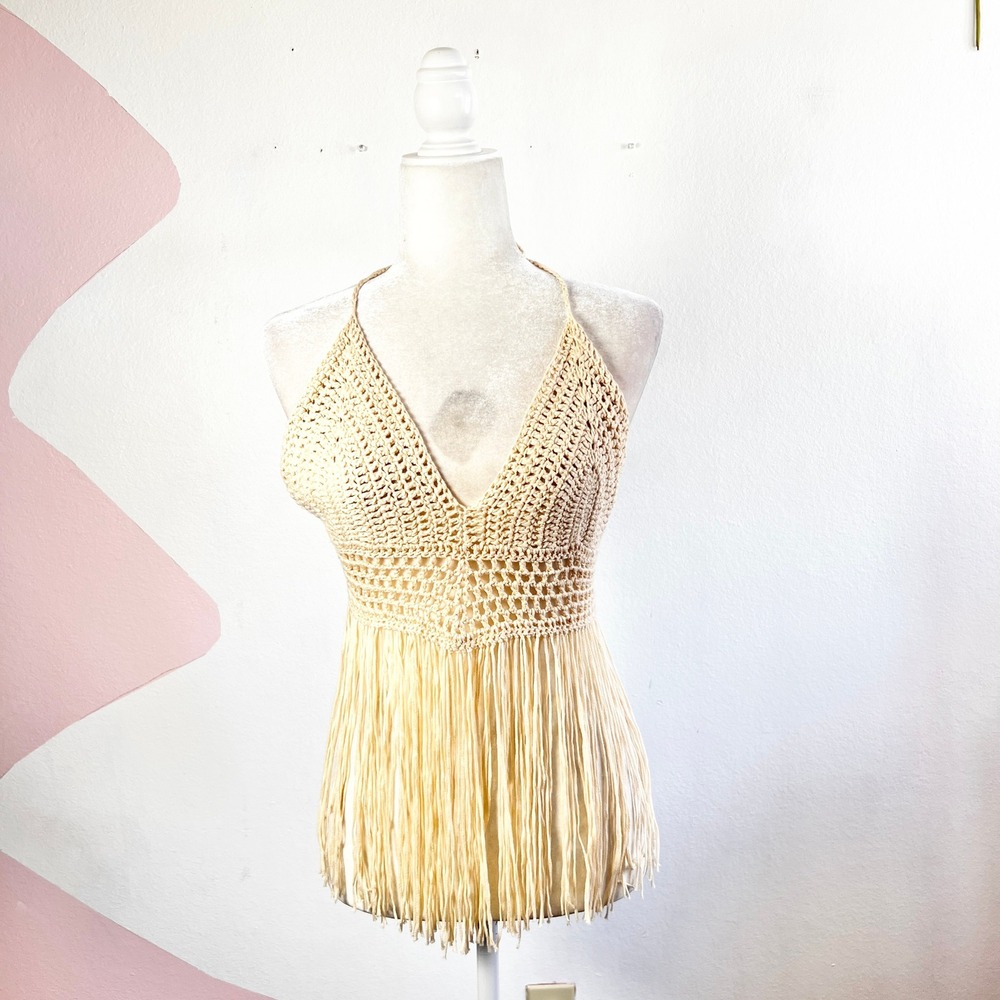 Crochet Fringe Halter‎ Top Festival Coachella Hippie Vacation Sz Medium